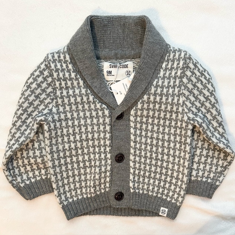Sovereign Code Baby Boys Gray White Houndstooth Knit Cardigan Sweater 9M NWT